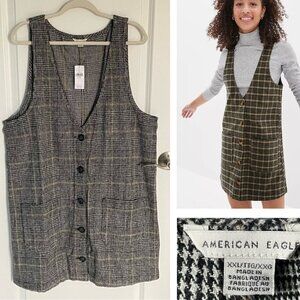 New! American Eagle Black/Tan Plaid Button Front Vest Mini Dress NWT - 35589